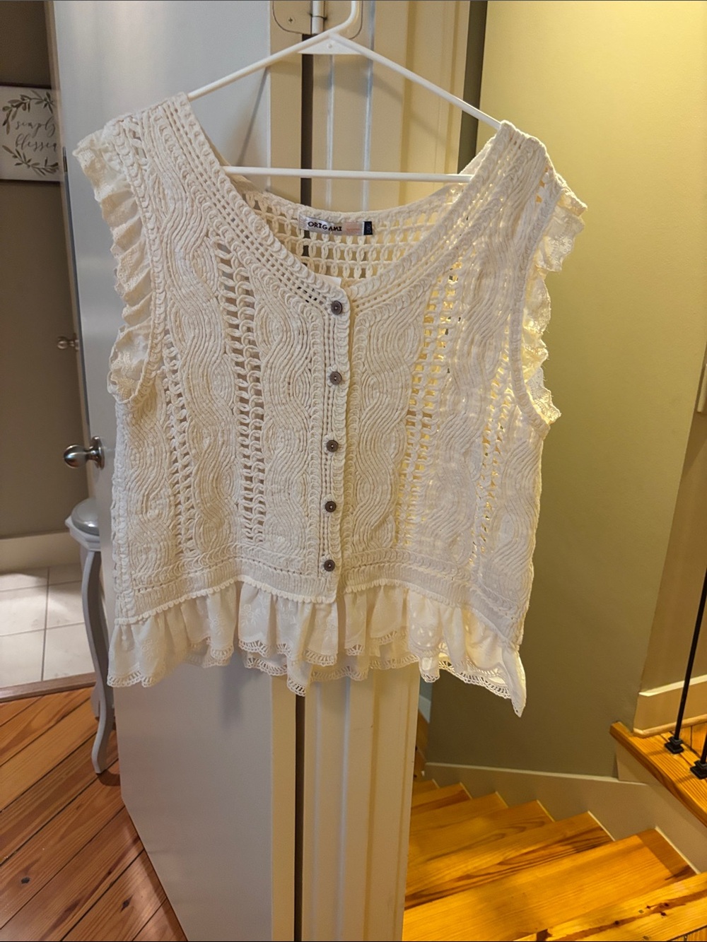Boho Crochet Button-Front Tank Top - Cream Size L/XL